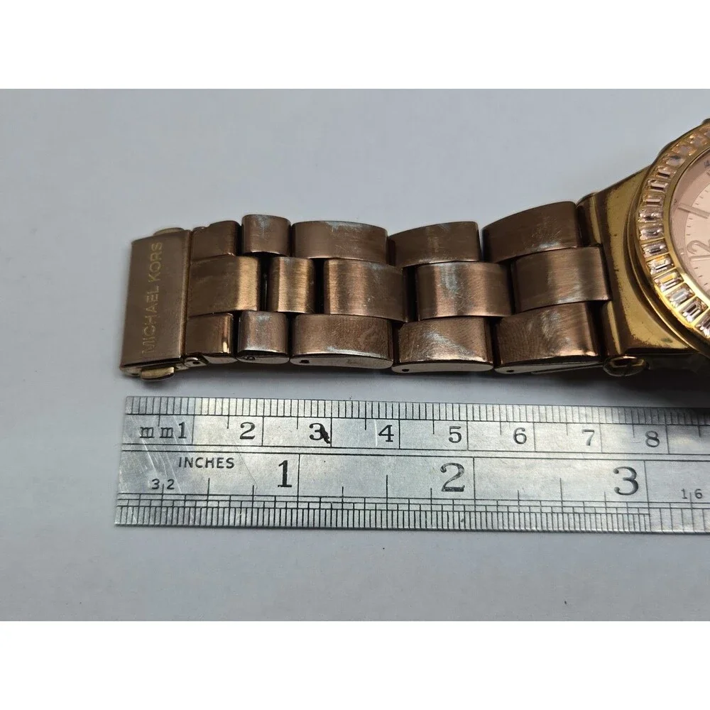 Michael Kors Dylan Womens Rose Gold Baguette Bezel Chronograph Watch New Battery